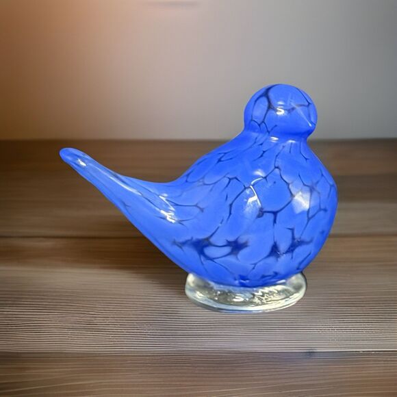 Cobalt Crackle Glass Bird Figurine - Hand Blown Art Glass Murano Style - Picture 1 of 4